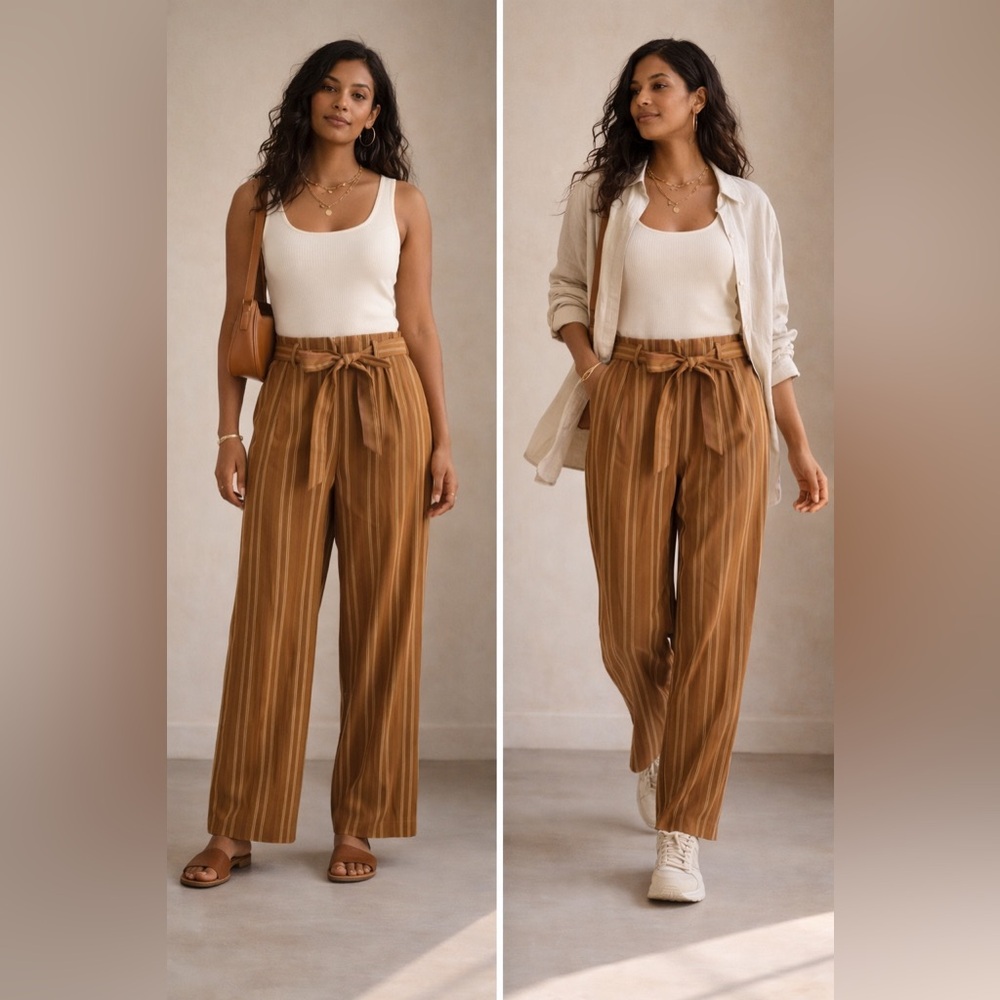 Niko and… Brown Striped Tie Waist Pants Women’s Small Elastic Back
